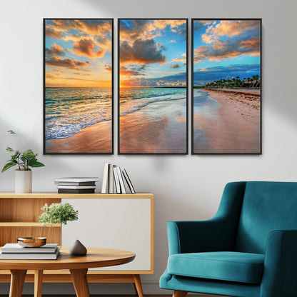 41572-MGV-CV-36X24-Sunset Beach Wall Art – Ocean Waves and Palm Trees Canvas Print, Tropical Coastal Sunset Seascape Decor for Living Room, Bedroom