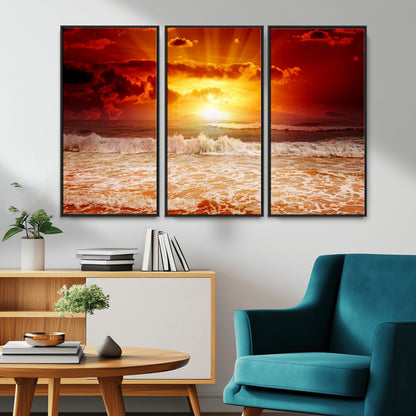 60211-MGV-CV-36X24-Fiery Sunset Ocean Wall Art – Red Sky Seascape Canvas Print with Waves, Bold Coastal Sunset Decor for Living Room or Bedroom