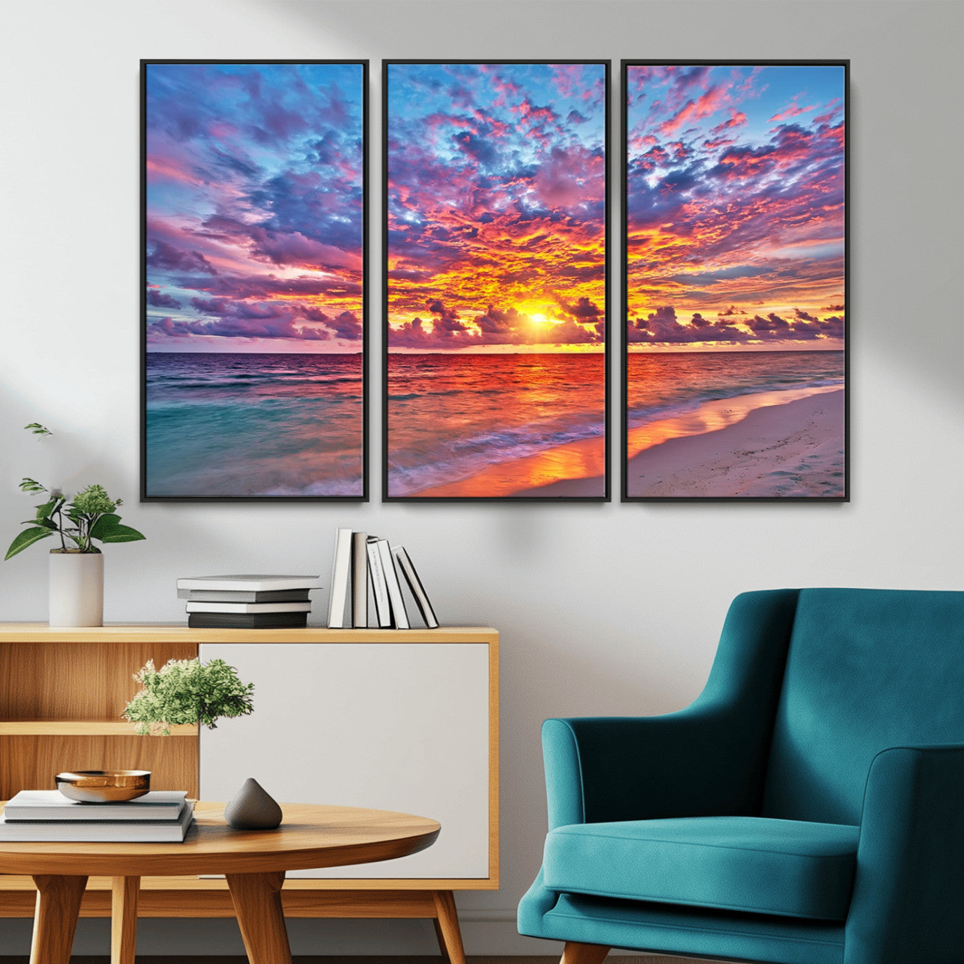 72836-MGV-CV-36X24-Fiery Sunset Beach Wall Art – Panoramic Vibrant Ocean Canvas Print, Dramatic Coastal Decor for Living Room, Bedroom or Office