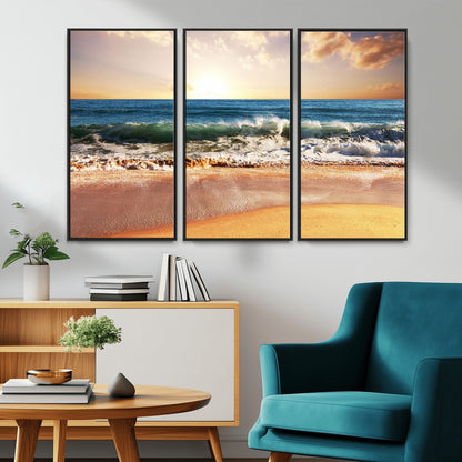 79005-MGV-CV-36X24-Golden Sunrise Ocean Waves Wall Art – Panoramic Seashore Canvas Print, Calming Coastal Decor for Home, Office or Relaxation Space
