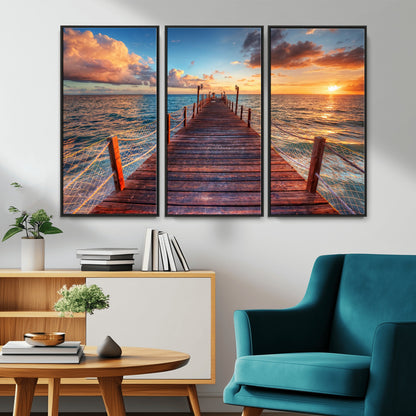 28836-MGV-CV-36X24-Ocean Pier Sunset Wall Art – Wooden Dock and Golden Horizon Canvas Print, Coastal Seascape Photography for Living Room, Bedroom,