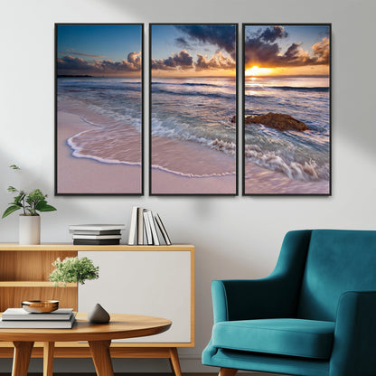 94906-MGV-CV-36X24-Sunrise Beach Wall Art – Panoramic Ocean Waves Canvas Print, Coastal Sunset Seascape Artwork for Living Room, Bedroom, or Office