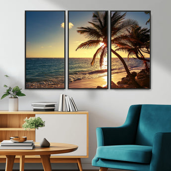 82710-MGV-CV-36X24-Palm Tree Sunset Beach Wall Art – Tropical Ocean Canvas Print, Coastal Paradise Seascape Decor for Living Room or Office Wall