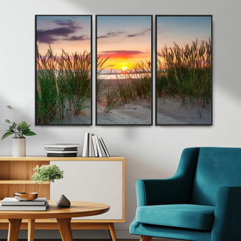 25576-MGV-CV-36X24-Beach Grass Sunset Wall Art – Coastal Sand Dune Landscape Canvas Print, Ocean View Nature Decor for Living Room or Office Wall