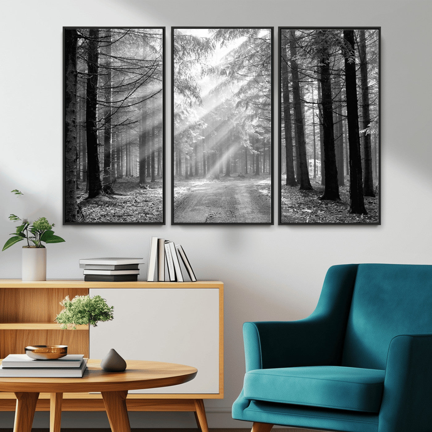 39665-MGV-CV-36X24-Black and White Forest Path Wall Art – Sunlight Rays in Trees Canvas Print, Nature Landscape Decor for Living Room or Office
