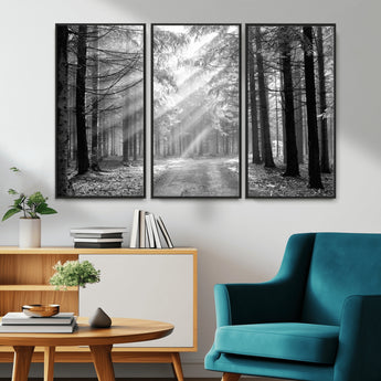 39665-MGV-CV-36X24-Black and White Forest Path Wall Art – Sunlight Rays in Trees Canvas Print, Nature Landscape Decor for Living Room or Office