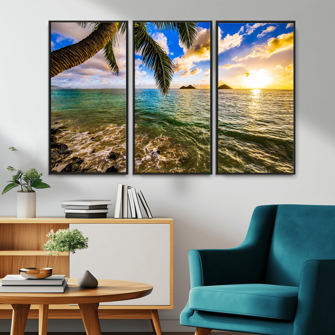 68606-MGV-FC-48X32-3P_Black-Tropical Palm Tree Ocean Wall Art – Sunset Beach Seascape Print, Coastal Paradise Decor for Living Room or Office