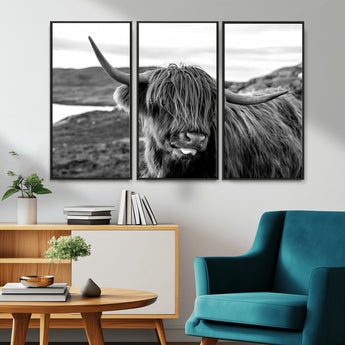 83810-MGV-CV-36X24-Highland Cow Wall Art – Black and White Highland Cattle Print, Rustic Farmhouse Animal Decor for Living Room