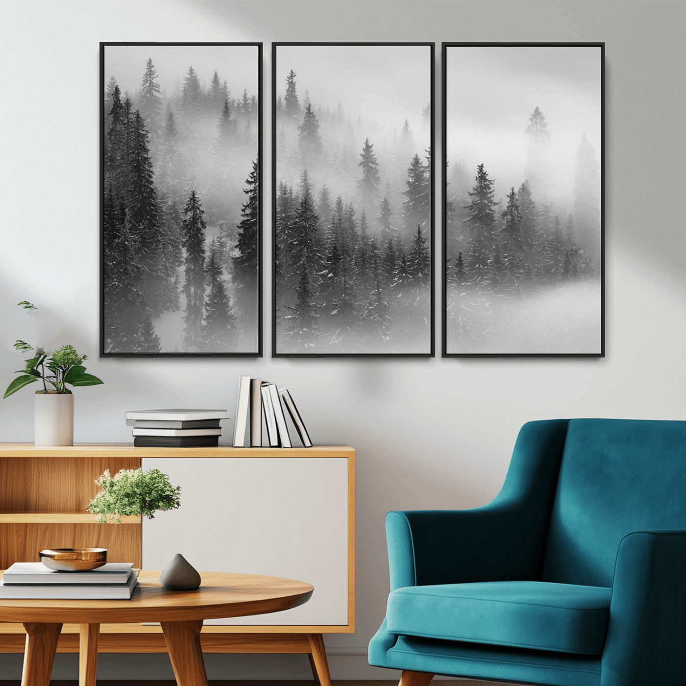 57235-MGV-CV-36X24-Misty Pine Forest Wall Art – Black and White Mountain Landscape Canvas Print, Nature Woodland Decor for Living Room, Bedroom or