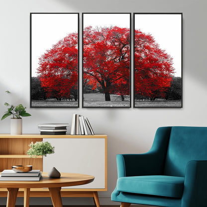80021-MGV-CV-36X24-Red Tree Wall Art – Striking Black and White Landscape Canvas Print with Vibrant Red Leaves, Modern Nature Decor for Living Room