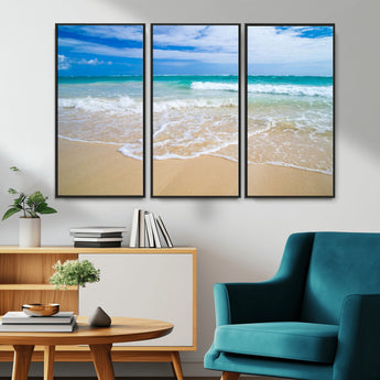 20660-MGV-CV-36X24-Ocean Wave Beach Wall Art – Serene Blue Sea and Sandy Shore Canvas Print, Coastal Landscape Photography Decor for Living Room or
