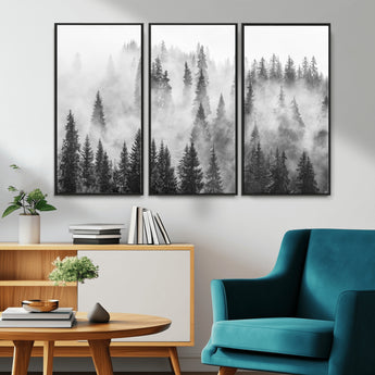 10422-MGV-CV-36X24-Misty Pine Forest Wall Art – Black and White Foggy Landscape Canvas Print, Serene Nature Woodland Decor for Bedroom, Office or