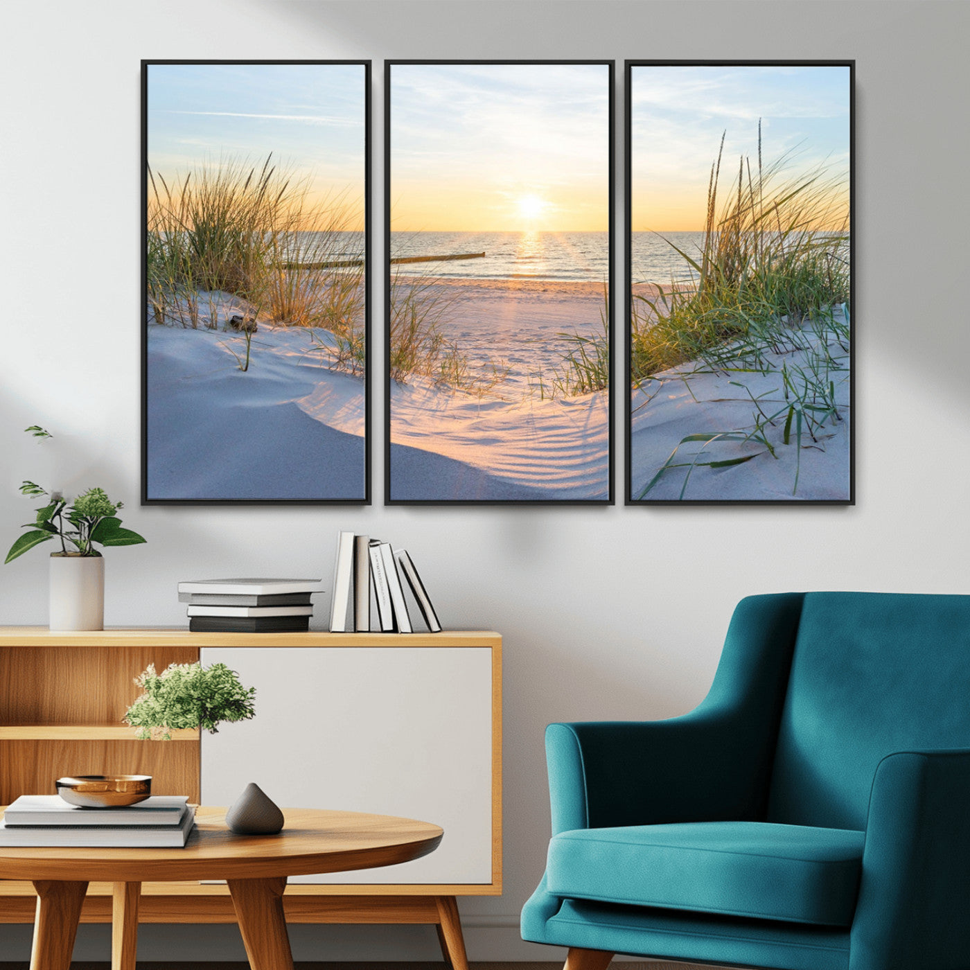 48907-MGV-CV-36X24-Beach Sunset Wall Art – Coastal Sand Dunes and Ocean View Canvas Print, Serene Seaside Landscape Painting for Living Room, Bedroom