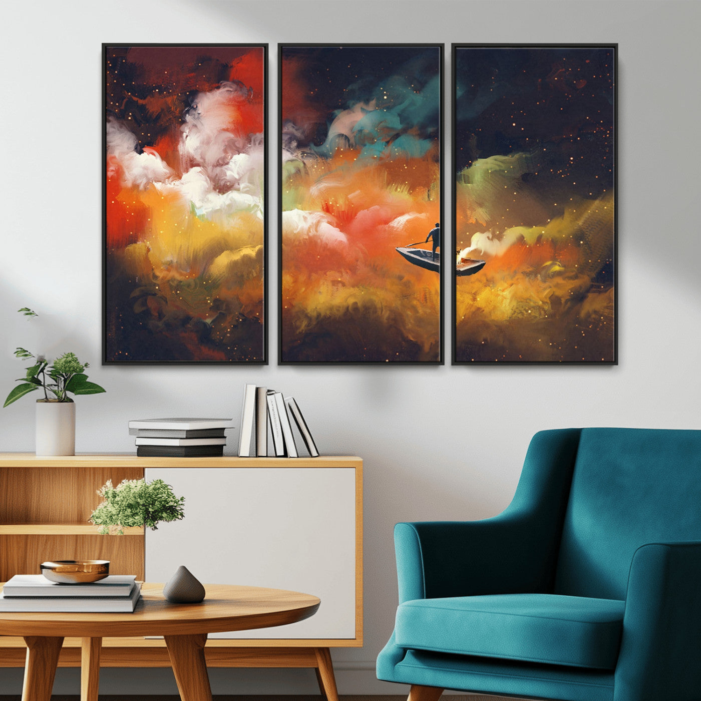 45085-MGV-CV-36X24-Surreal Cosmic Wall Art – Abstract Galaxy Dreamscape Canvas Print with Man and Dog in Boat, Fantasy Nebula Painting for Living