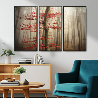61855-MGV-CV-36X24-Misty Forest Wall Art – Red Tree with Autumn Leaves Canvas Print, Moody Woodland Nature Decor for Living Room, Bedroom, or Office