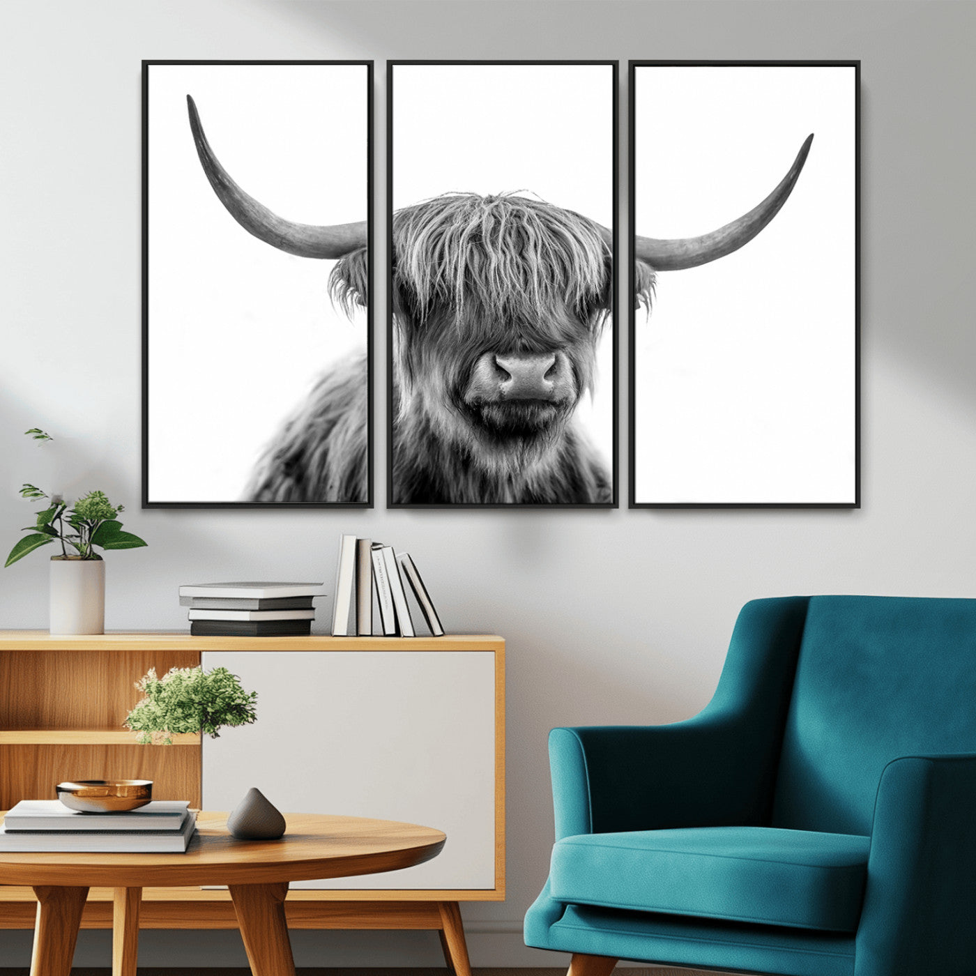 10123-MGV-CV-36X24-Black and White Highland Cow Wall Art – Modern Farmhouse Animal Print, Rustic Scottish Bull Canvas Decor for Living Room, Bedroom,