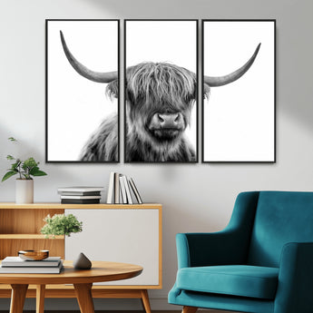 10123-MGV-CV-36X24-Black and White Highland Cow Wall Art – Modern Farmhouse Animal Print, Rustic Scottish Bull Canvas Decor for Living Room, Bedroom,