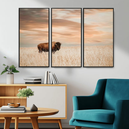 99699-MGV-CV-36X24-Bison in Prairie at Sunset – Wildlife Photography Print, American Buffalo Wall Art, Nature Landscape Canvas Decor for Office
