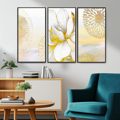 82301-MGV-CV-36X24-Modern Floral Wall Art – White Flower with Gold Detailing Canvas Print, Elegant Abstract Artwork for Living Room, Bedroom, or