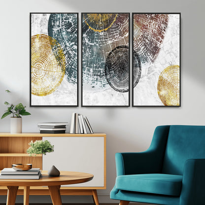 70653-MGV-FC-48X32-3P_Black-Abstract Tree Ring Wall Art – Modern Rustic Wood Slice Canvas Print with Gold Accents, Contemporary Nature Decor for Living Room,