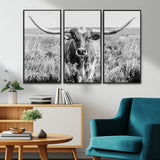 77320-MGV-CV-36X24-Texas Longhorn Wall Art – Black and White Western Cattle Canvas Print, Rustic Farmhouse Animal Photography Decor for Living Room,