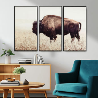 48406-MGV-CV-36X24-American Bison Wall Art – Rustic Buffalo Canvas Print in Prairie Field, Western Wildlife Photography Decor for Cabin, Lodge,
