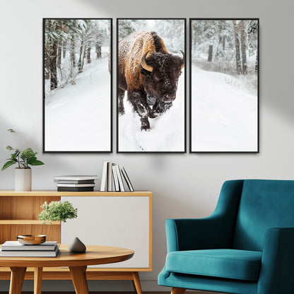 10109-MGV-CV-36X24-Majestic Bison Winter Wall Art – Snowy Forest Buffalo Canvas Print, Rustic Wildlife Photography Decor for Cabin, Lodge, Living
