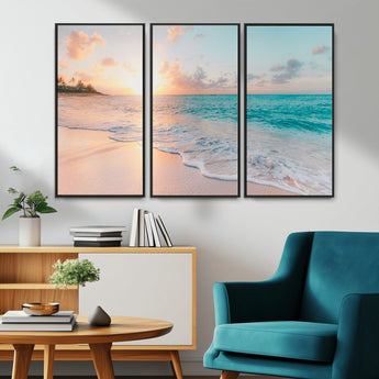 36554-MGV-CV-36X24-Tropical Beach Sunset Wall Art – Ocean Waves and Palm Canvas Print, Coastal Seascape Photography Decor for Living Room, Bedroom,