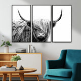 51957-MGV-CV-36X24-Highland Cow Wall Art – Black and White Scottish Highland Bull Canvas Print, Rustic Farmhouse Animal Decor for Living Room,