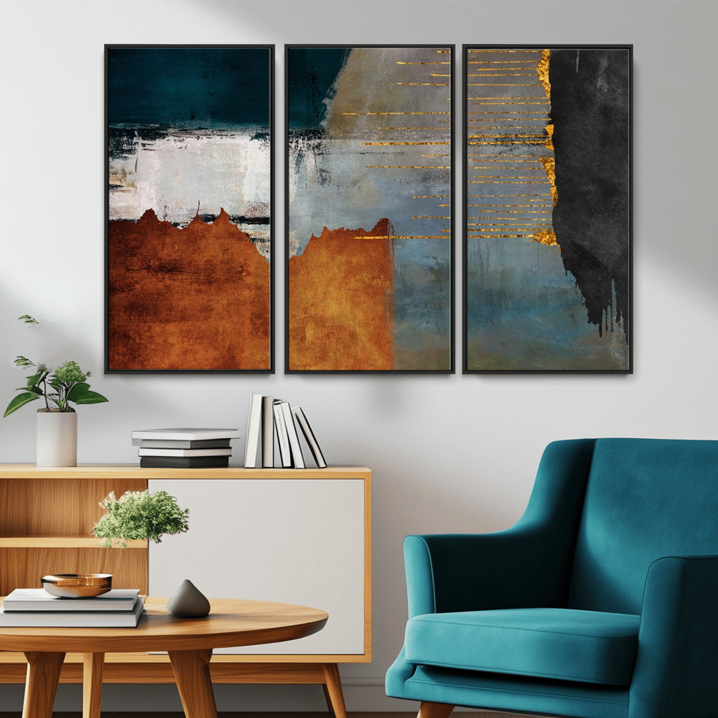 35026-MGV-CV-36X24-Abstract Canvas Wall Art – Modern Teal, Rust, Black and Gold Textured Painting, Contemporary Decor for Living Room, Bedroom