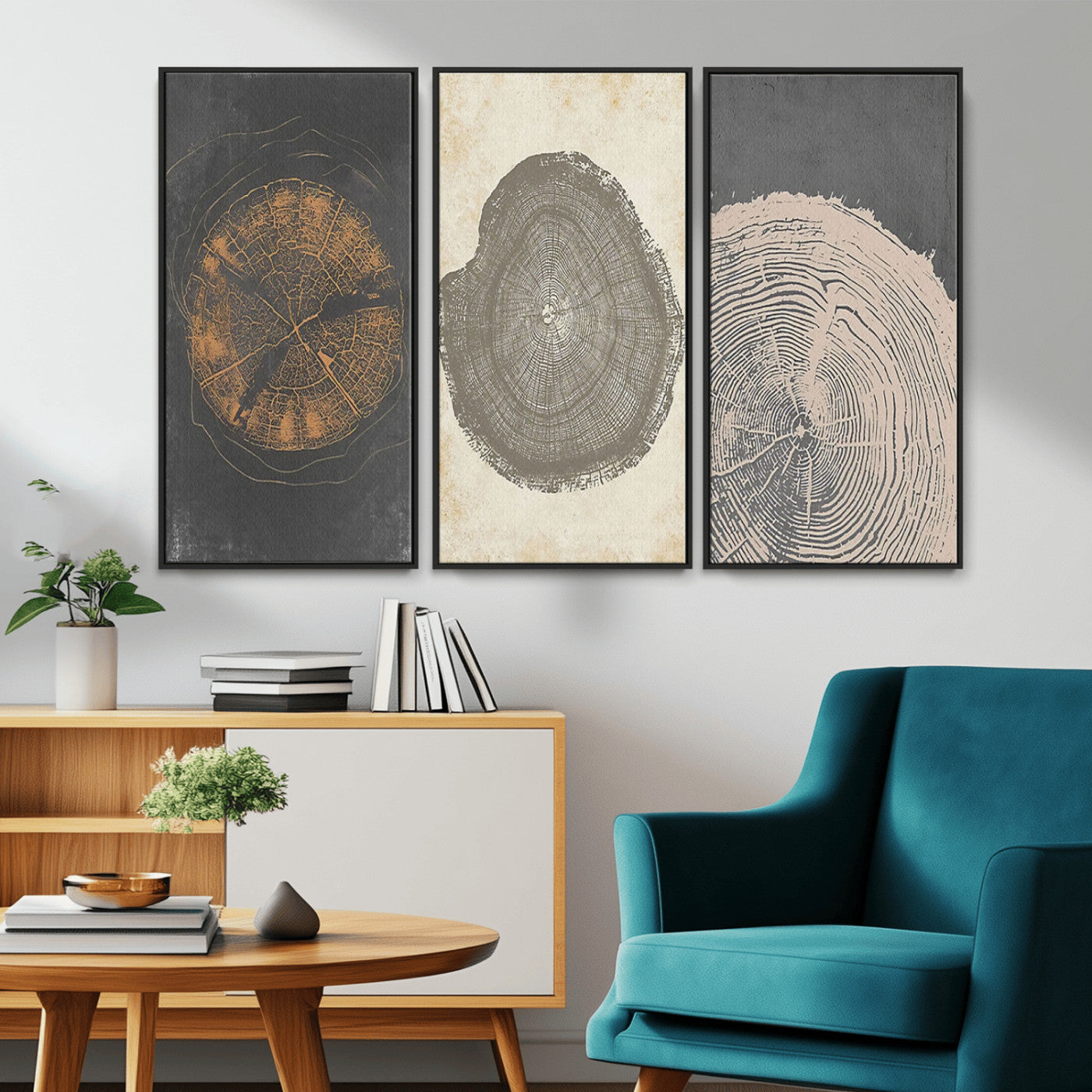 80725-MGV-FC-48X32-3P_Black-Wood Tree Rings Wall Art Canvas Print, Framed Tree Rings Art Picture Print, Abstract Tree Rings Perfect Modern Boho Decor Artwork