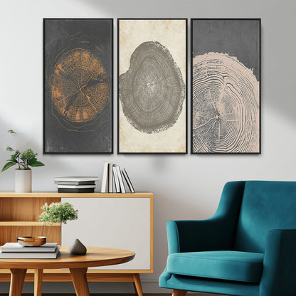80725-MGV-FC-48X32-3P_Black-Wood Tree Rings Wall Art Canvas Print, Framed Tree Rings Art Picture Print, Abstract Tree Rings Perfect Modern Boho Decor Artwork