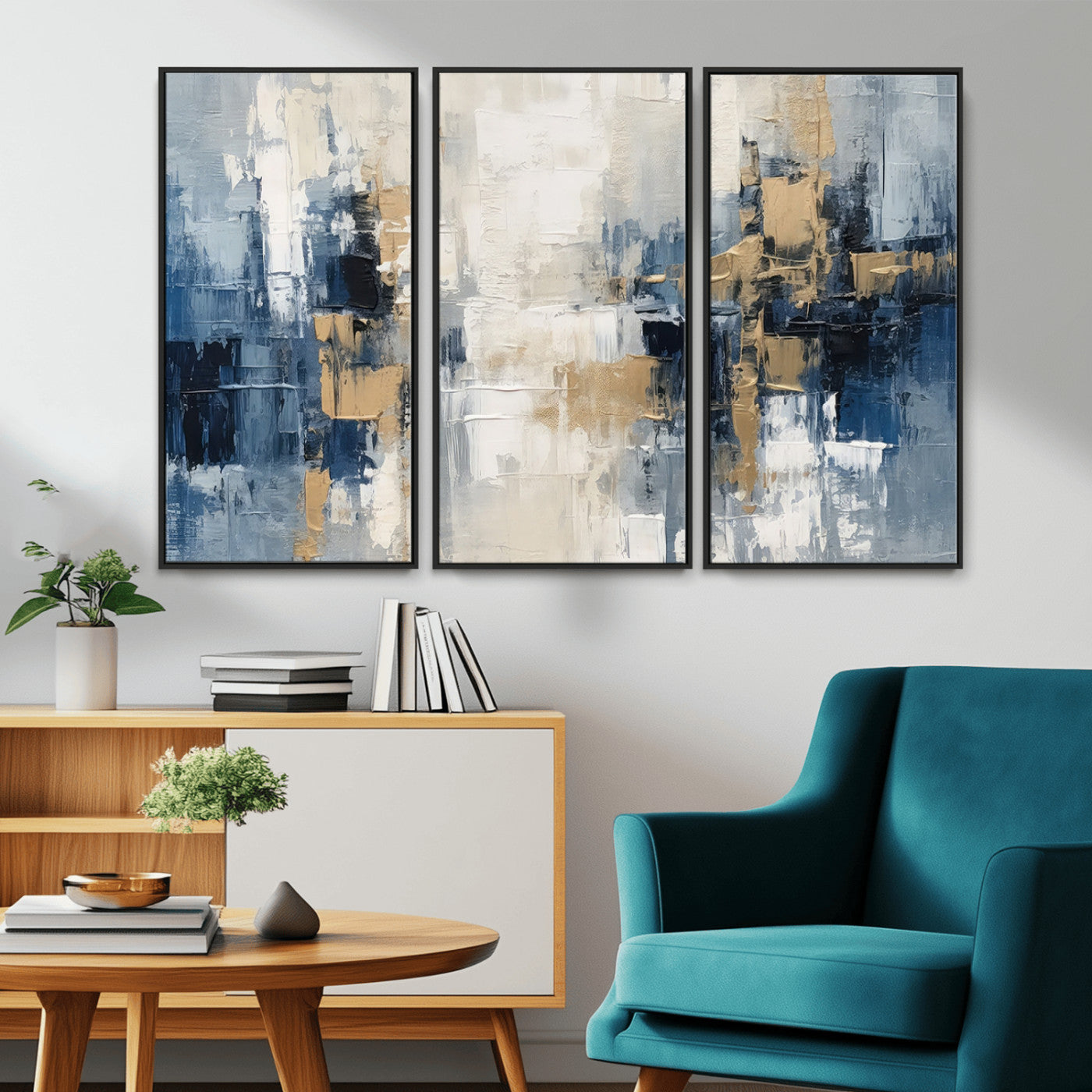 44344-MGV-FC-48X32-3P_Black-Abstract Blue and Gold Wall Art – Modern Hand Painted Canvas Print, Contemporary Textured Painting for Living Room, Bedroom or