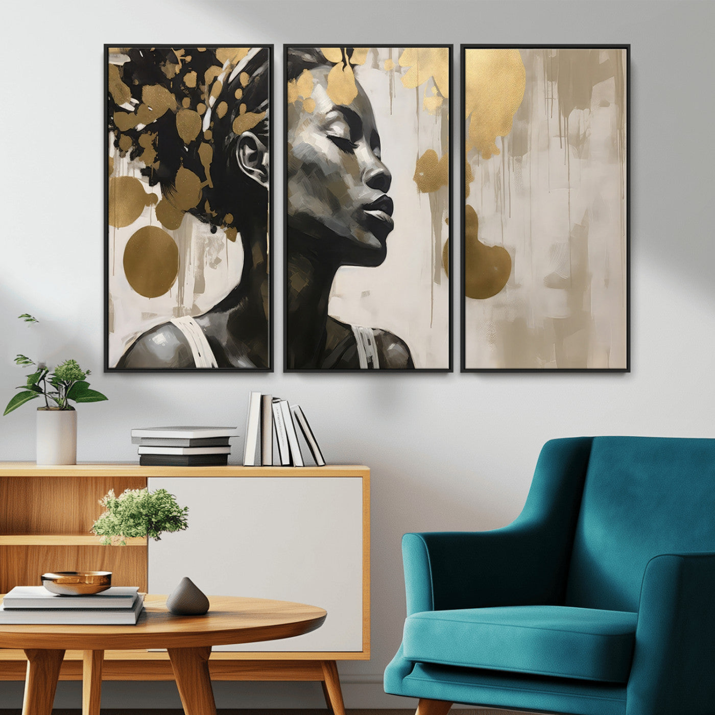 65669-MGV-CV-36X24-Elegant Black Woman Wall Art – Modern Abstract Portrait Canvas with Gold Accents, Contemporary Afrocentric Decor for Living Room