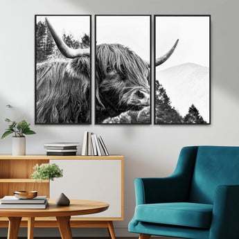 61570-MGV-CV-36X24-Highland Cow Wall Art – Black and White Scottish Bull Canvas Print, Rustic Farmhouse Animal Decor for Living Room, Bedroom, or