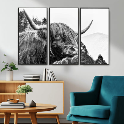 61570-MGV-CV-36X24-Highland Cow Wall Art – Black and White Scottish Bull Canvas Print, Rustic Farmhouse Animal Decor for Living Room, Bedroom, or