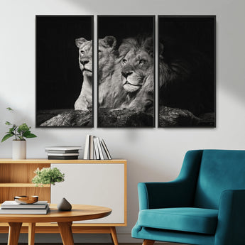 80013-MGV-CV-36X24-Lion and Lioness Wall Art – Black and White Wildlife Photography Canvas Print, African Safari Animal Decor for Office, Bedroom, or