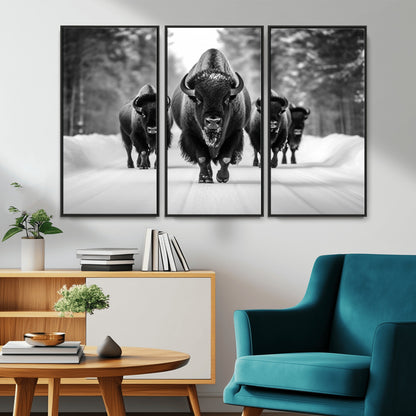 45287-MGV-CV-36X24-Bison Herd Wall Art – Black and White Buffalo Snow Road Canvas Print, Rustic Wildlife Decor for Cabin, Lodge or Living Room