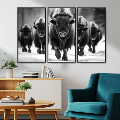 79872-MGV-FC-48X32-3P_Black-Bison Herd Wall Art – Black and White Buffalo on Snow Canvas Print, Rustic Wildlife Decor for Lodge, Cabin, or Living Room