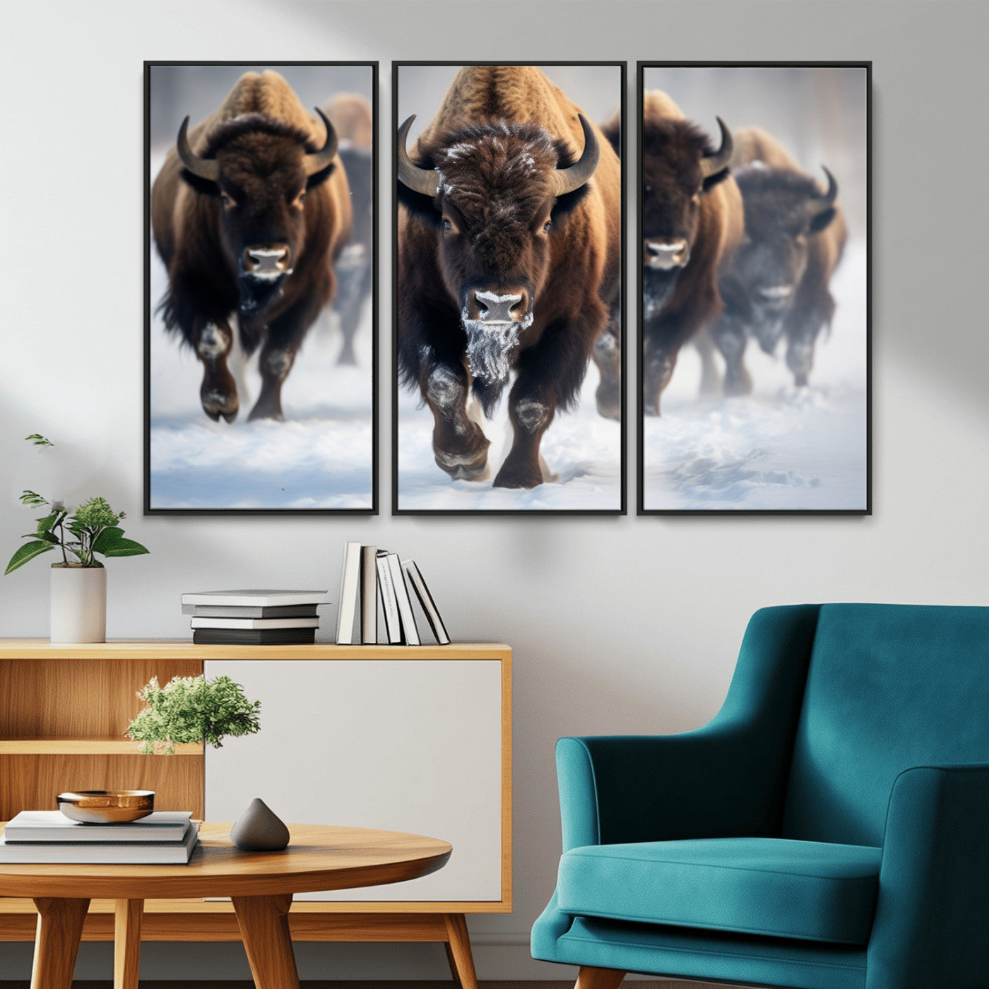 80512-MGV-CV-36X24-Bison Herd Wall Art – Buffalo Running in Snow Canvas Print, Rustic Wildlife Photography Decor for Cabin, Lodge, or Living Room