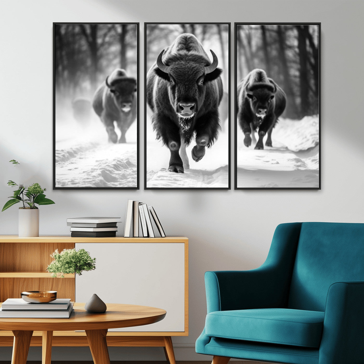 97552-MGV-CV-36X24-Black and White Bison Wall Art – Buffalo Herd Running in Snow Canvas Print, Rustic Wildlife Photography Decor for Cabin, Lodge, or