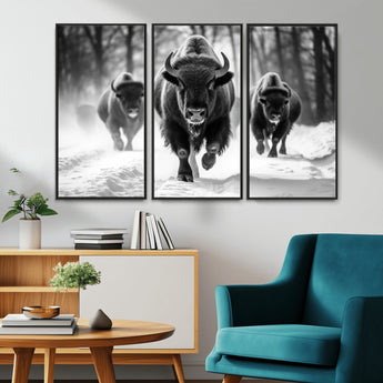 97552-MGV-CV-36X24-Black and White Bison Wall Art – Buffalo Herd Running in Snow Canvas Print, Rustic Wildlife Photography Decor for Cabin, Lodge, or
