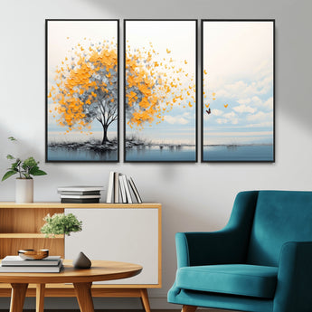 23385-MGV-CV-36X24-Golden Butterfly Tree Wall Art – Abstract Yellow and Gray Canvas Print, Modern Nature Artwork for Living Room, Bedroom or Office