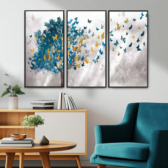 37564-MGV-CV-36X24-Butterfly Tree Wall Art – Modern Nature Canvas Print with Blue and Golden Butterflies, Elegant Decorative Painting for Living Room