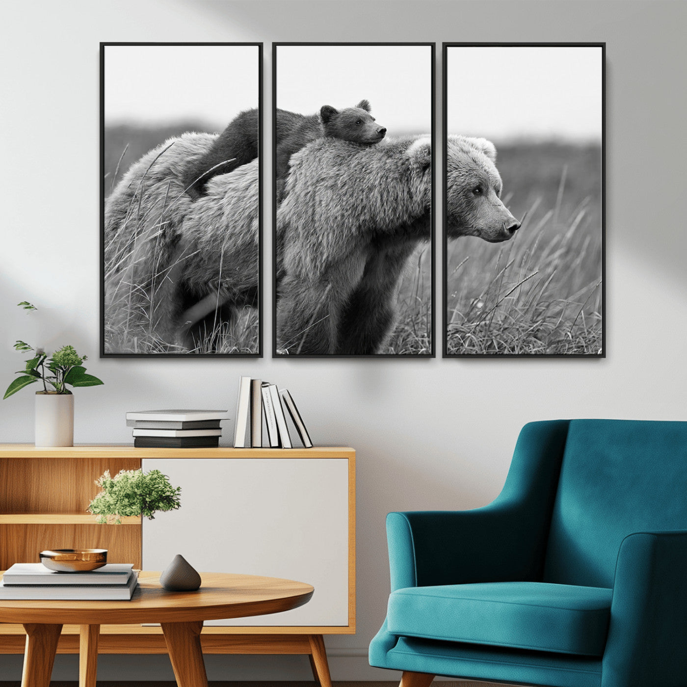 76338-MGV-CV-36X24-Mother Bear and Cub Wall Art – Black and White Wildlife Canvas Print, Rustic Nature Photography for Cabin, Living Room or Office