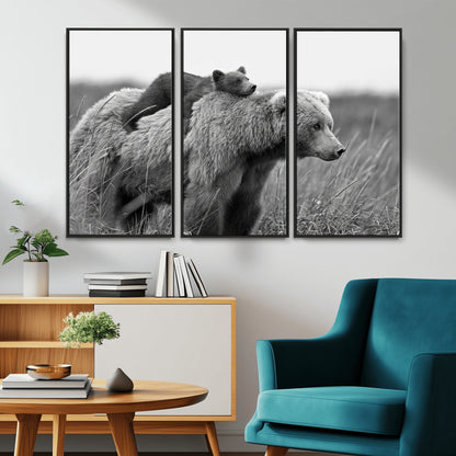 76338-MGV-CV-36X24-Mother Bear and Cub Wall Art – Black and White Wildlife Canvas Print, Rustic Nature Photography for Cabin, Living Room or Office