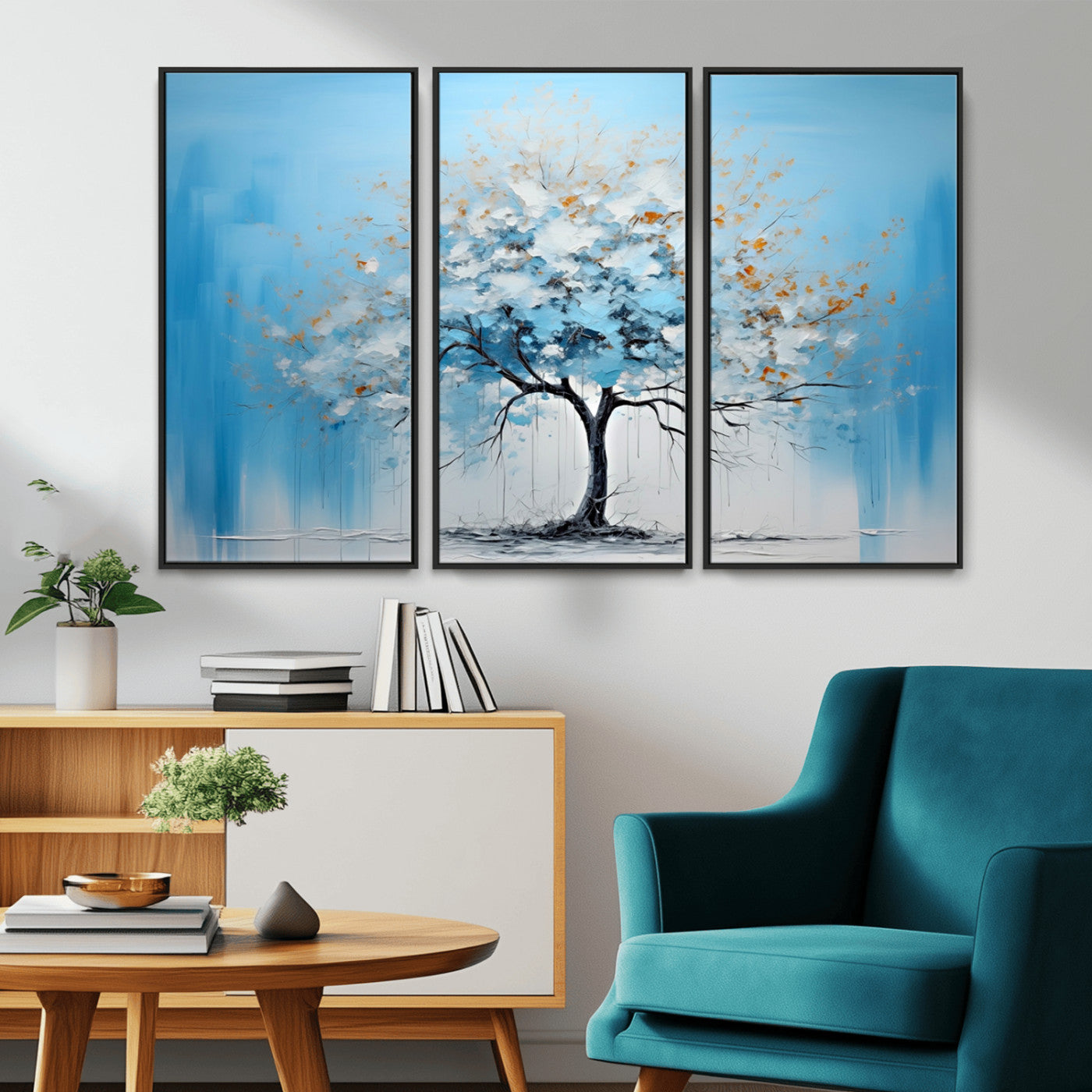 25021-MGV-CV-36X24-Abstract Tree Wall Art – Blue and White Canvas Painting with Gold Accents, Modern Nature-Inspired Artwork for Living Room, Bedroom