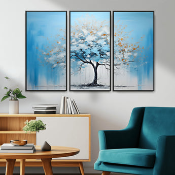25021-MGV-CV-36X24-Abstract Tree Wall Art – Blue and White Canvas Painting with Gold Accents, Modern Nature-Inspired Artwork for Living Room, Bedroom