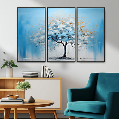25021-MGV-CV-36X24-Abstract Tree Wall Art – Blue and White Canvas Painting with Gold Accents, Modern Nature-Inspired Artwork for Living Room, Bedroom