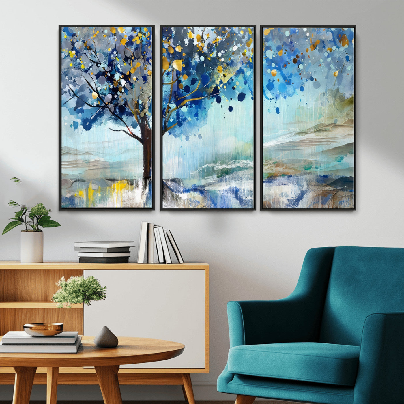 17018-MGV-CV-36X24-Abstract Blue Tree Wall Art – Colorful Canvas Painting with Gold and Silver Accents, Modern Nature Artwork for Living Room,